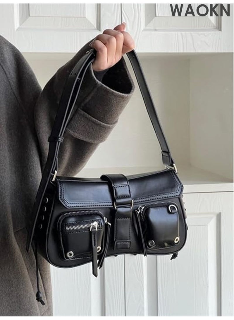 دبليو أيه أو كي أن حقيبة كتف نسائية من جلد البولي يوريثان - حقيبة كروس بودي أنيقة بتصميم عصري مستوحى من ثقافة الألفية الجديدة، وجيوب متعددة | حقيبة يد هوبو صغيرة بتفاصيل سلسلة معدنية عتيقة، حقيبة كلاتش أنيقة بتصميم غوطي للحفلات الموسيقية والسهرات والاستخدام اليومي (أسود) - Image 2