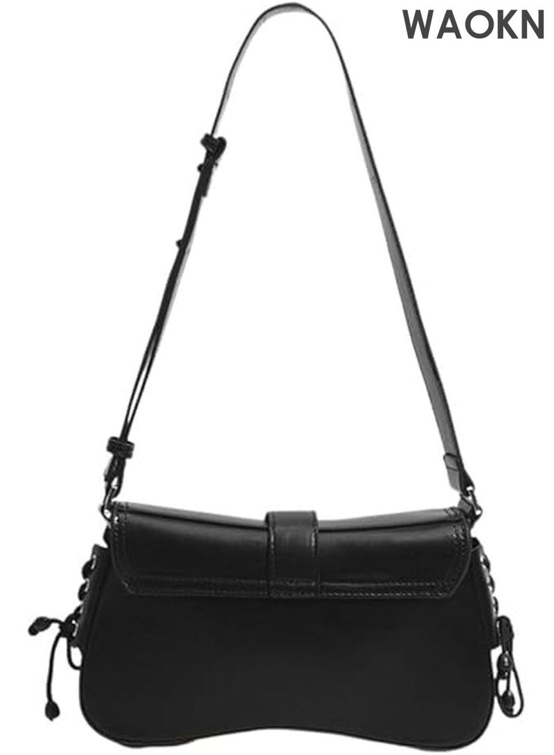 دبليو أيه أو كي أن حقيبة كتف نسائية من جلد البولي يوريثان - حقيبة كروس بودي أنيقة بتصميم عصري مستوحى من ثقافة الألفية الجديدة، وجيوب متعددة | حقيبة يد هوبو صغيرة بتفاصيل سلسلة معدنية عتيقة، حقيبة كلاتش أنيقة بتصميم غوطي للحفلات الموسيقية والسهرات والاستخدام اليومي (أسود) - Image 1