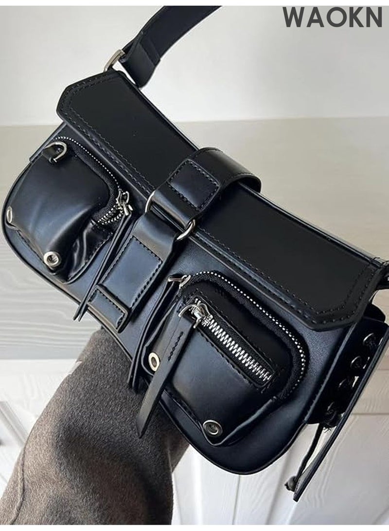 دبليو أيه أو كي أن حقيبة كتف نسائية من جلد البولي يوريثان - حقيبة كروس بودي أنيقة بتصميم عصري مستوحى من ثقافة الألفية الجديدة، وجيوب متعددة | حقيبة يد هوبو صغيرة بتفاصيل سلسلة معدنية عتيقة، حقيبة كلاتش أنيقة بتصميم غوطي للحفلات الموسيقية والسهرات والاستخدام اليومي (أسود) - Image 5