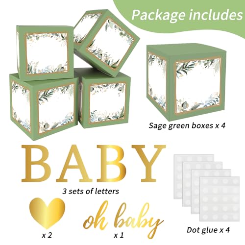 RUBFAC Baby Shower Boxes with Letters 4pcs Sage Green Baby Shower Decorations for Boy Girl Balloon Boxes Gender Reveal Birthday Party Favors - Image 5
