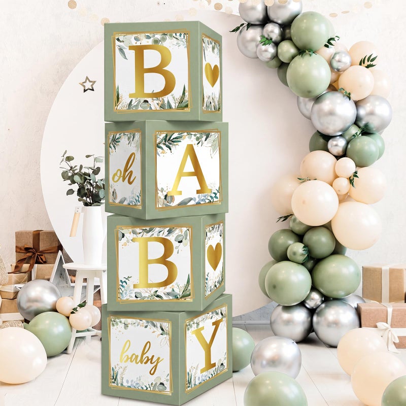 RUBFAC Baby Shower Boxes with Letters 4pcs Sage Green Baby Shower Decorations for Boy Girl Balloon Boxes Gender Reveal Birthday Party Favors - Image 3