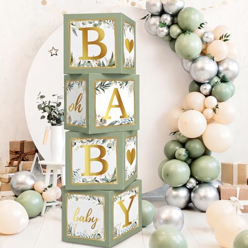 RUBFAC Baby Shower Boxes with Letters 4pcs Sage Green Baby Shower Decorations for Boy Girl Balloon Boxes Gender Reveal Birthday Party Favors - Image 1