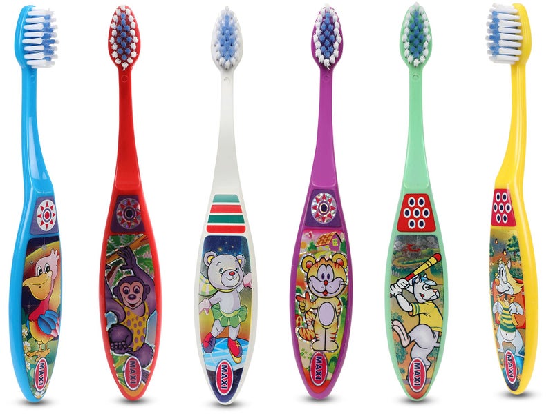 MAXI Toffee Soft bristles Manual Toothbrush for kids, boys and girls, baby, Multicolor, 2 years+ (Pack of 6) - Image 1