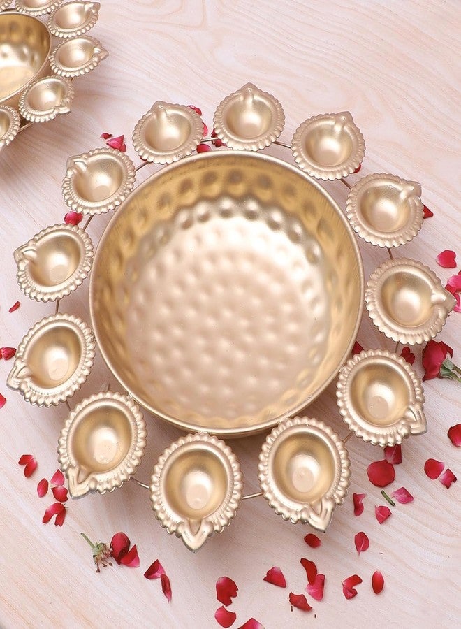 ZIG-ZAG zig zag Handcrafted Metal Urli Bowl with (12 Diyas) for Floating Flowers & Tea Light Candles – Perfect for Home, Wedding,Office, and Table Decor, Diwali & Christmas Decorations 14-Inch, Gold - Image 2