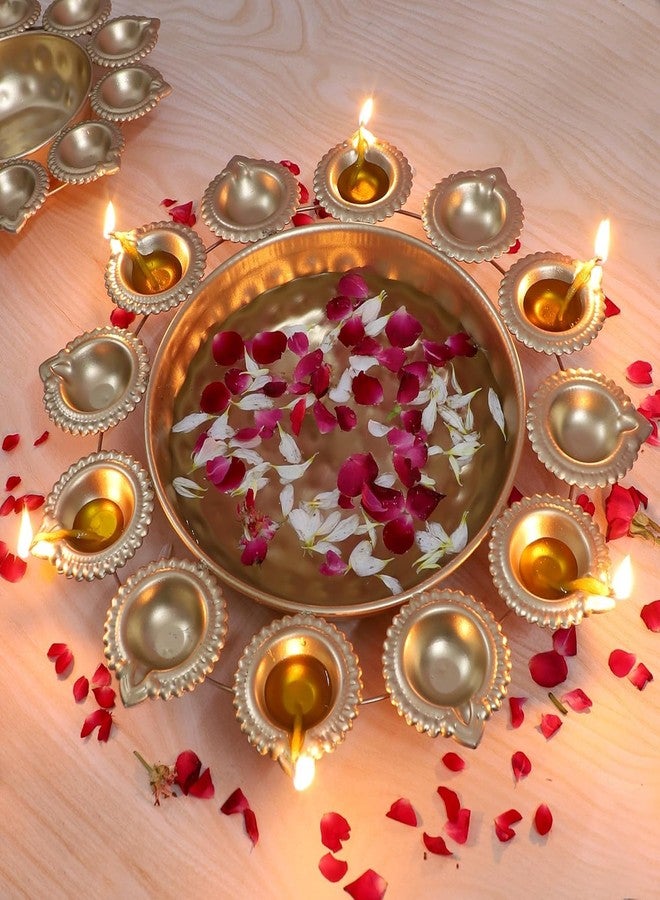 ZIG-ZAG zig zag Handcrafted Metal Urli Bowl with (12 Diyas) for Floating Flowers & Tea Light Candles – Perfect for Home, Wedding,Office, and Table Decor, Diwali & Christmas Decorations 14-Inch, Gold - Image 1