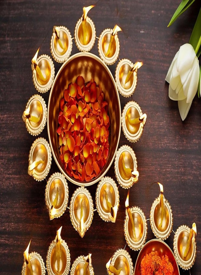 ZIG-ZAG zig zag Handcrafted Metal Urli Bowl with (12 Diyas) for Floating Flowers & Tea Light Candles – Perfect for Home, Wedding,Office, and Table Decor, Diwali & Christmas Decorations 14-Inch, Gold - Image 5
