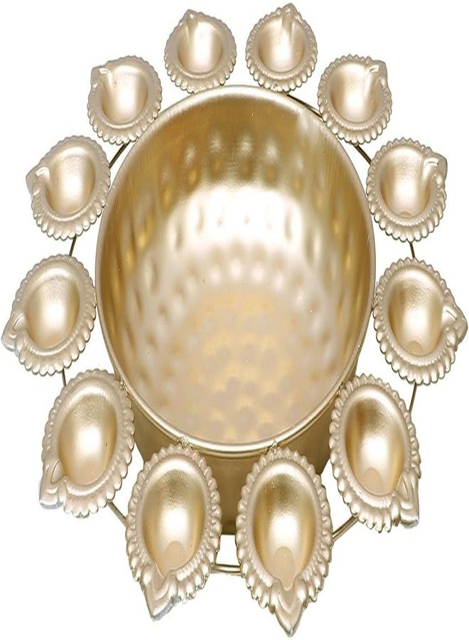 ZIG-ZAG zig zag Handcrafted Metal Urli Bowl with (12 Diyas) for Floating Flowers & Tea Light Candles – Perfect for Home, Wedding,Office, and Table Decor, Diwali & Christmas Decorations 14-Inch, Gold - Image 3