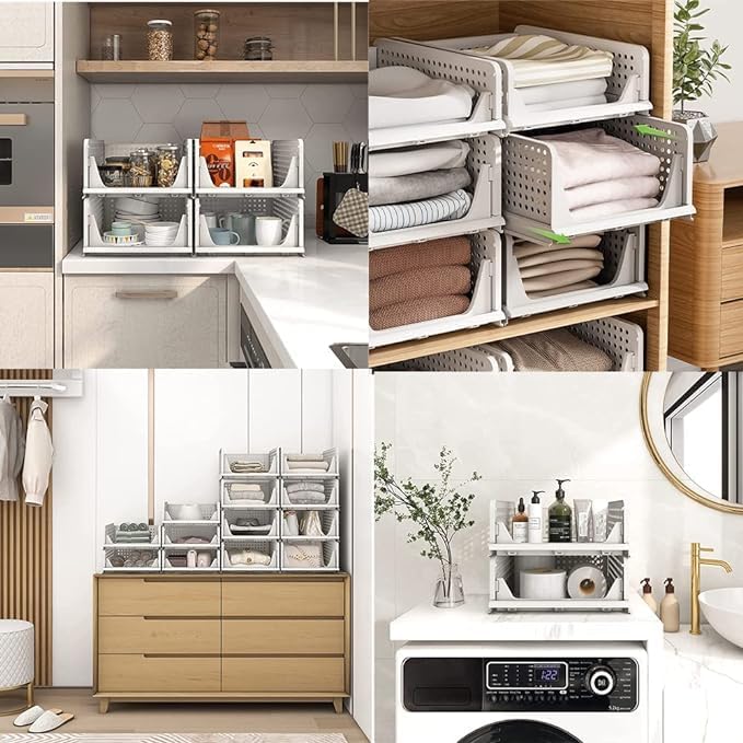 VERAT Plastic Foldable Stackable Organizers Rack Drawer Shelf Storage Container for Home Wardrobe Cupboard 5PCS WHITE - Image 4