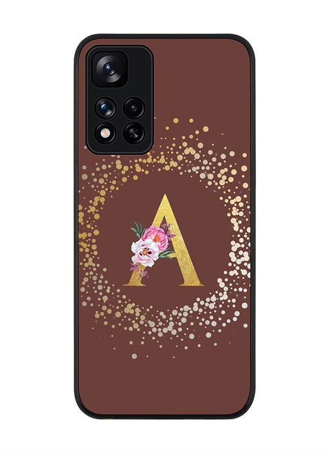 Rugged Black edge case for Redmi Note 11 Pro Plus 5G Slim fit Soft Case Flexible Rubber Edges Anti Drop TPU Gel Thin Cover - Custom Monogram Initial Letter Floral Pattern Alphabet - A (Brown )