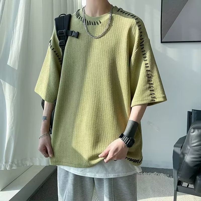 Design Sense Niche T-shirt Men's Short-sleeved Loose Summer Fashionable Brand Crewneck Half-sleeved Waffles Top Hip-hop Trend - Image 2