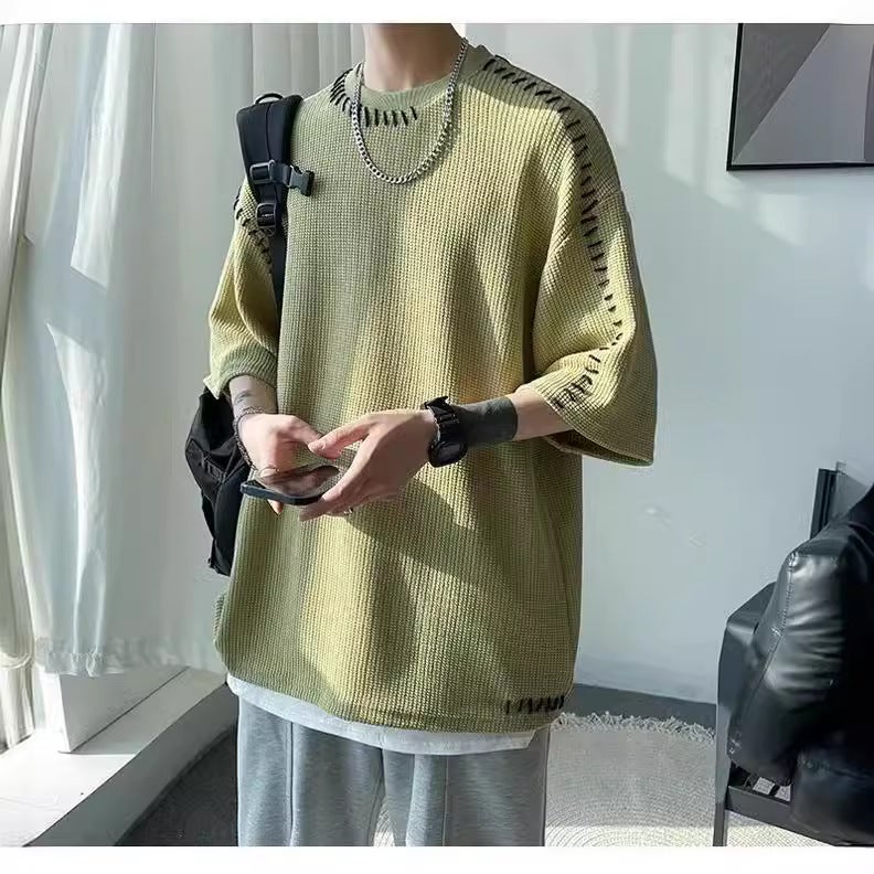 Design Sense Niche T-shirt Men's Short-sleeved Loose Summer Fashionable Brand Crewneck Half-sleeved Waffles Top Hip-hop Trend - Image 4