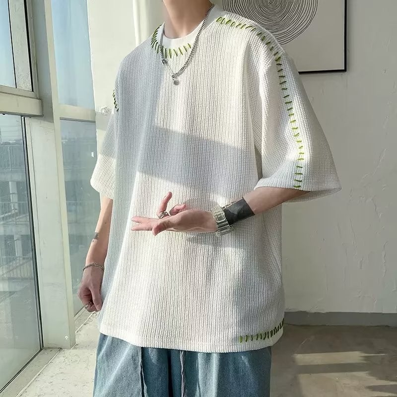 Design Sense Niche T-shirt Men's Short-sleeved Loose Summer Fashionable Brand Crewneck Half-sleeved Waffles Top Hip-hop Trend - Image 3