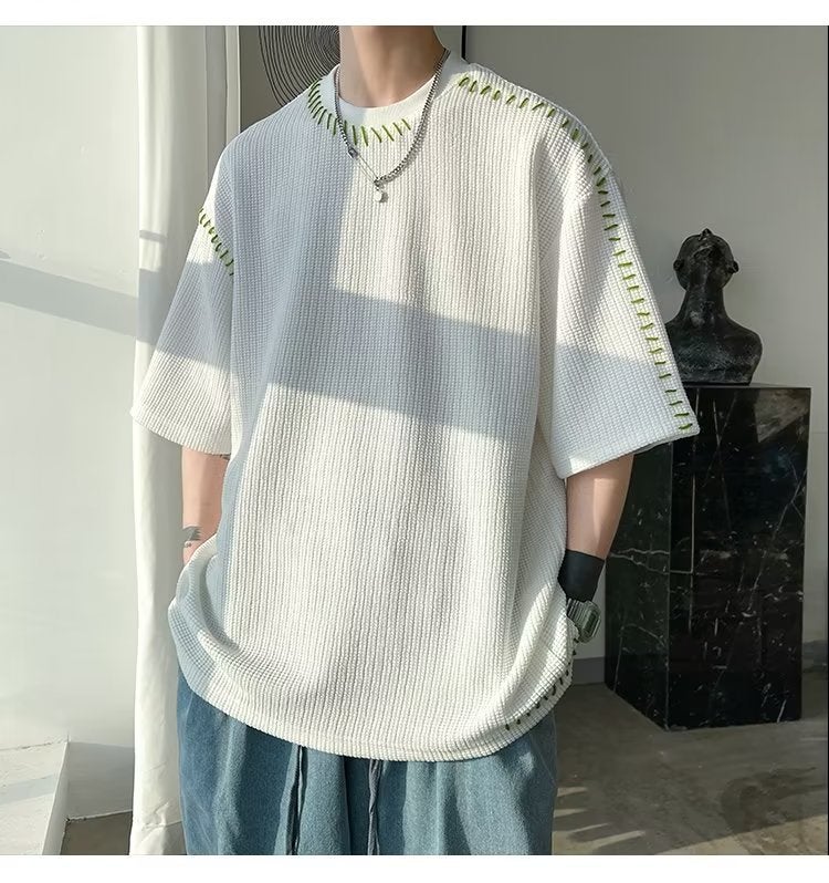 Design Sense Niche T-shirt Men's Short-sleeved Loose Summer Fashionable Brand Crewneck Half-sleeved Waffles Top Hip-hop Trend - Image 1