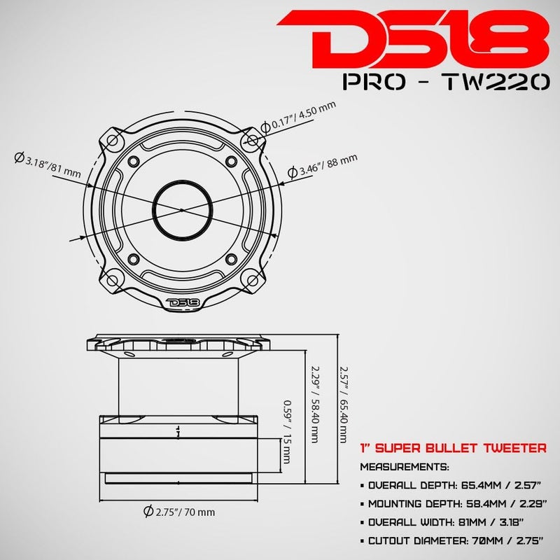 DS18 PRO-TW220 Aluminum Super Bullet Tweeter 1" 350W Max 225W RMS with Built In Crossover (2 Speakers Included) - Image 3