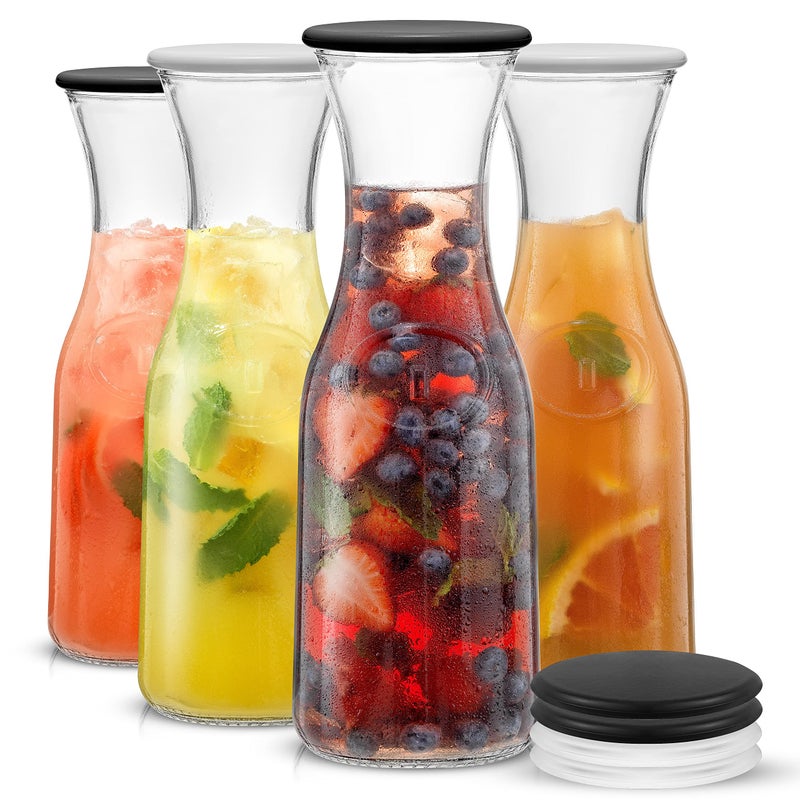 JoyJolt Glass Carafe with Lid, Set of 4 â€“ 1 Liter Glass Pitcher for Mimosa Bar, Water, Iced Tea, Juice, Wine, Lemonade, Milk â€“ Dishwasher Safe Beverage Drink Dispensers for Brunch, Parties - Image 1