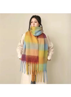 Rainbow Check Tassel Scarf Thick Shawl Collar WrapAC grid blue Yellow Green AC grid blue Yellow Green