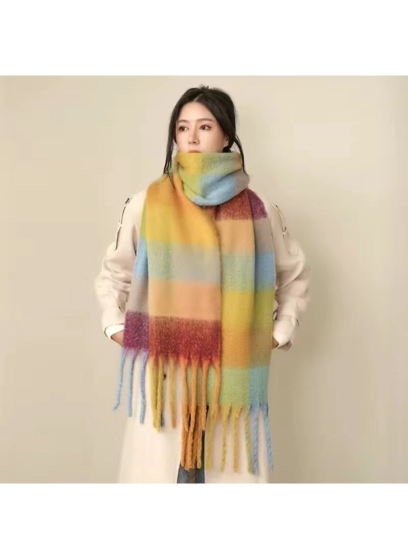 Generic - Rainbow Check Tassel Scarf Thick Shawl Collar WrapAC grid blue Yellow Green AC grid blue Yellow Green - Image 1