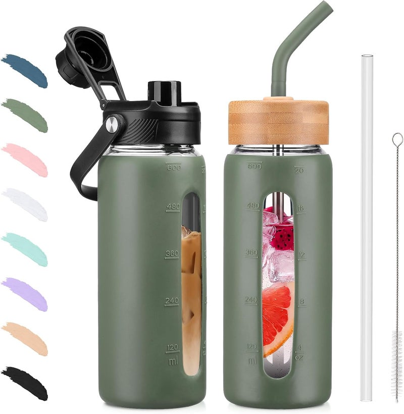 BLUEGO 600ml Glass Water Bottle with Straw and 2 Lids Coffee Cup with Time Marker and Silicone Protector Drink Cup Cola BPA Free, Oliver - Image 1
