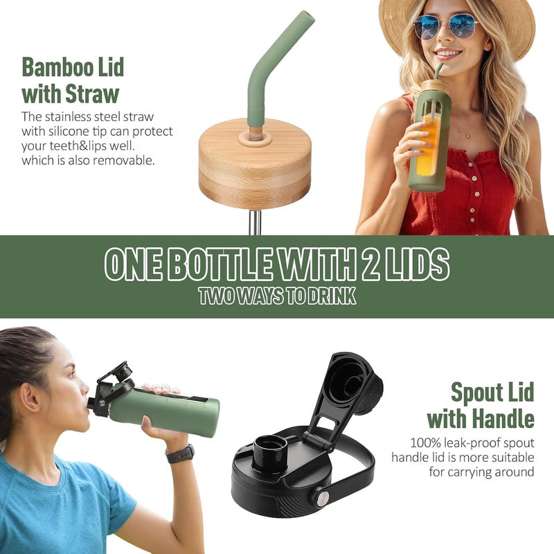 BLUEGO 600ml Glass Water Bottle with Straw and 2 Lids Coffee Cup with Time Marker and Silicone Protector Drink Cup Cola BPA Free, Oliver - Image 3