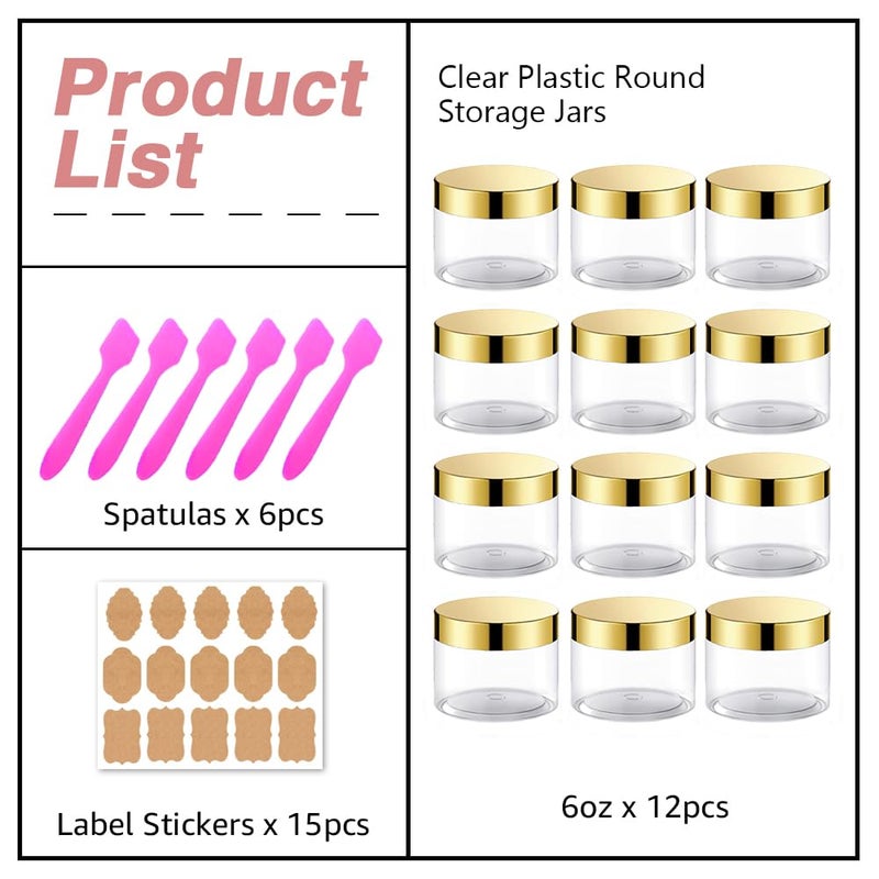 AMORIX 12 Pack 6 oz Plastic Cosmetic Containers With Rose Gold Lids Refillable Clear Empty Travle Jars Containers for Body Butter,Sugar Scrubs,Cream,Lotions,Candy, Label&Spatulas - Image 4