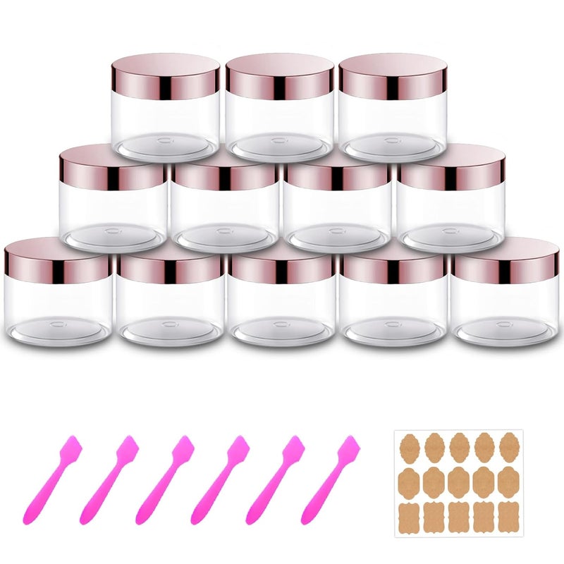 AMORIX 12 Pack 6 oz Plastic Cosmetic Containers With Rose Gold Lids Refillable Clear Empty Travle Jars Containers for Body Butter,Sugar Scrubs,Cream,Lotions,Candy, Label&Spatulas - Image 1
