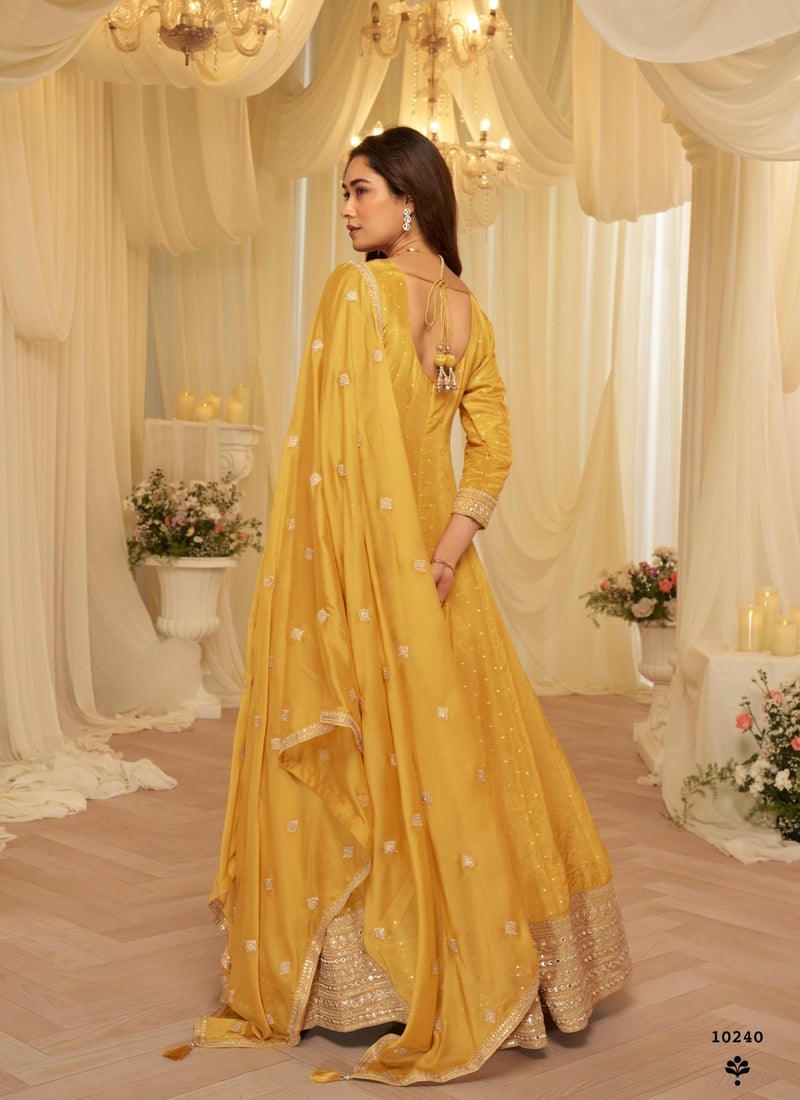 ANAITA Yellow Chinon Free Size Stitched Jacquard Anarkali Suit With Codding Dori & Sequence Work - Image 3