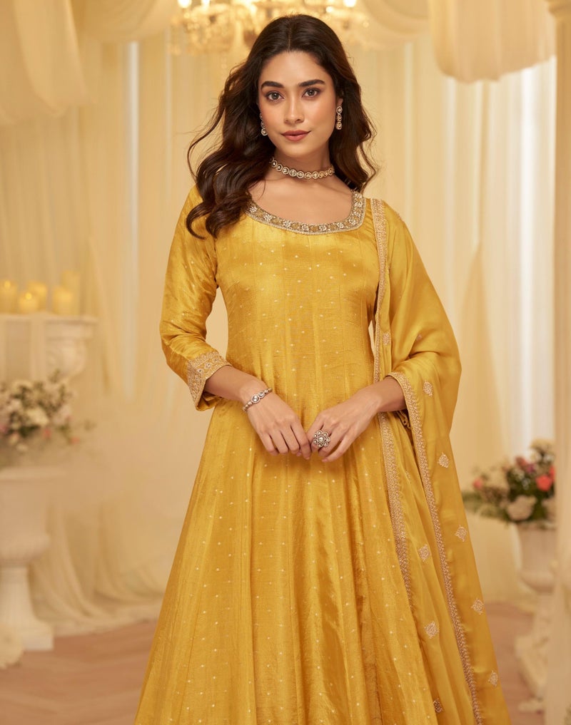 ANAITA Yellow Chinon Free Size Stitched Jacquard Anarkali Suit With Codding Dori & Sequence Work - Image 4