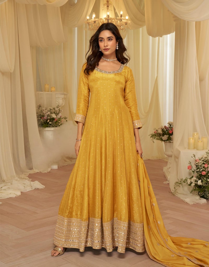 ANAITA Yellow Chinon Free Size Stitched Jacquard Anarkali Suit With Codding Dori & Sequence Work - Image 1