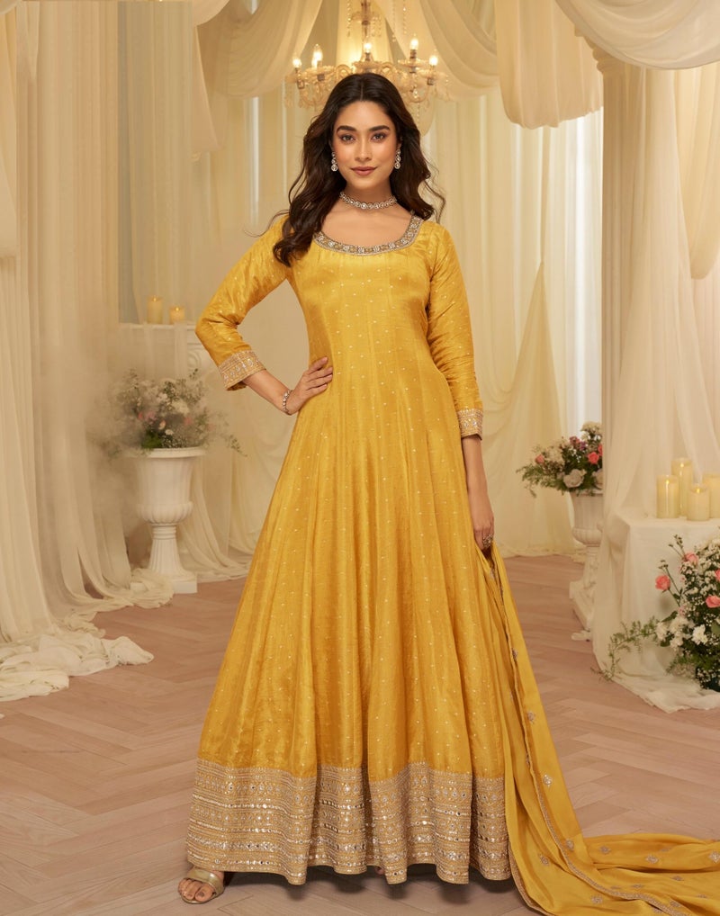 ANAITA Yellow Chinon Free Size Stitched Jacquard Anarkali Suit With Codding Dori & Sequence Work - Image 2