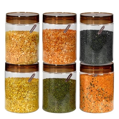 Homeor Plastic Storage Jar & Containers With Spoon, Airtight & BPA Free Containers for Kitchen Storage, Grocery Kitchen Container, Multipurpose Jar, Fridge Storage Container, 1200 ML Set 6, Brown - Image 1