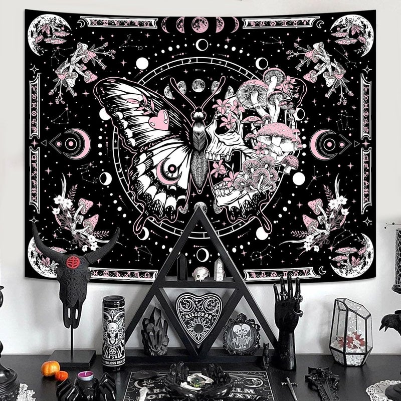 Fungarth Skeleton Butterfly Tapestry Pink Skull Hippie Mushroom Plants Tapestry for Bedroom Moon phase Aesthetic Tapestries Wall Hanging for Living Room Dorm (Pink, 80” x 60”) - Image 5