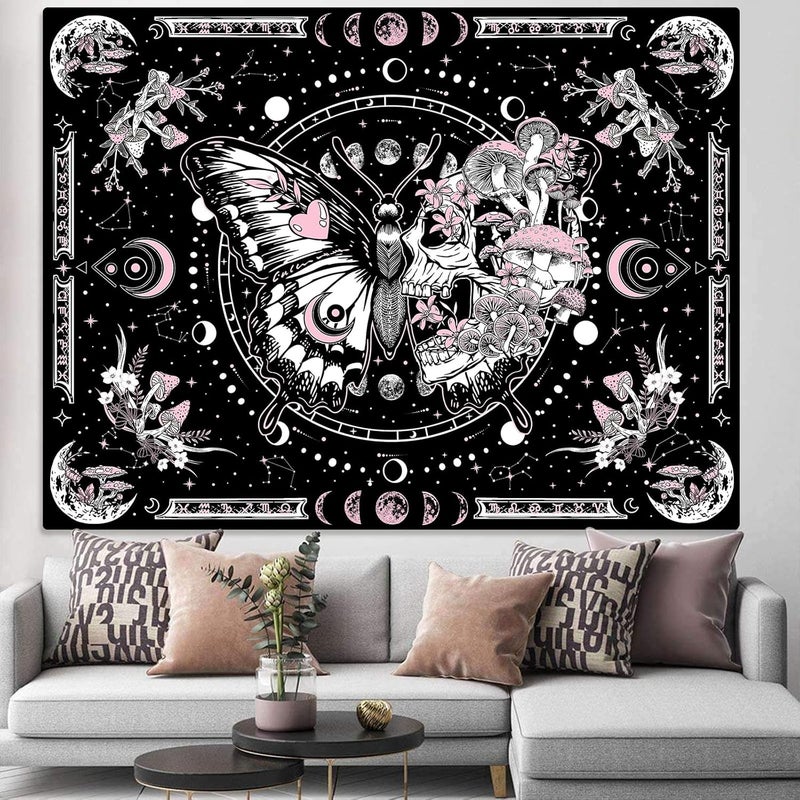 Fungarth Skeleton Butterfly Tapestry Pink Skull Hippie Mushroom Plants Tapestry for Bedroom Moon phase Aesthetic Tapestries Wall Hanging for Living Room Dorm (Pink, 80” x 60”) - Image 3