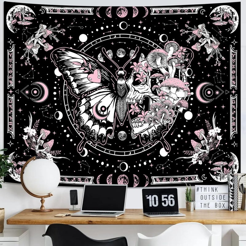Fungarth Skeleton Butterfly Tapestry Pink Skull Hippie Mushroom Plants Tapestry for Bedroom Moon phase Aesthetic Tapestries Wall Hanging for Living Room Dorm (Pink, 80” x 60”) - Image 2