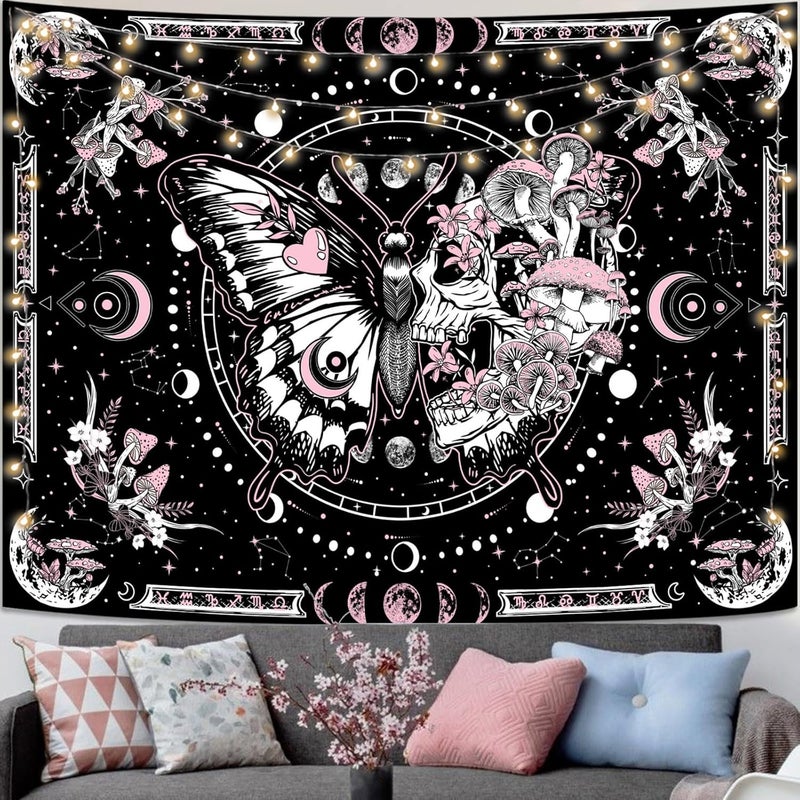 Fungarth Skeleton Butterfly Tapestry Pink Skull Hippie Mushroom Plants Tapestry for Bedroom Moon phase Aesthetic Tapestries Wall Hanging for Living Room Dorm (Pink, 80” x 60”) - Image 1
