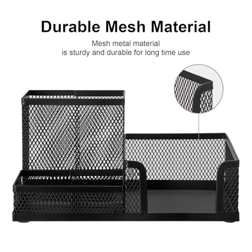 Comix Mesh Pen Pencil Holder Desk Organizer, 3 Compartment Wire Desktop Pen Pencil Cup Caddy Office Supplies Accessories for Home Office School, Black(2 Pack) - Image 4