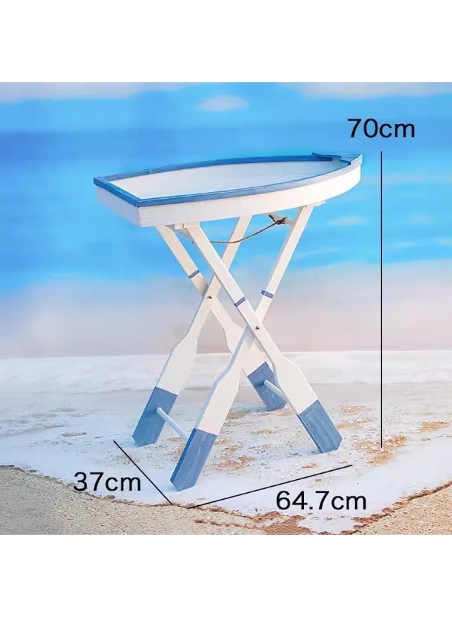 YINZUO Mediterranean Style Solid Wood Boat-Shaped Folding Table – Creative Surfboard Coffee Table, Phone Table, Ocean-Themed Summer Decor, Window Display - Image 3