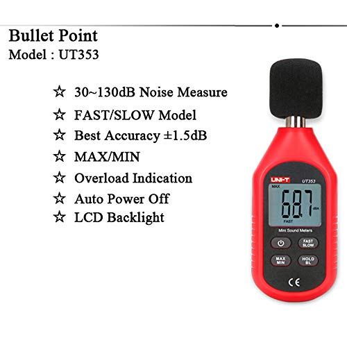 UNI-T UT353BT Decibel Meter, Sound Level Meter Range 30-130 dB Accuracy 1.5dB Noise Meter with Large LCD Screen Display, MAX/MIN, Data Hold, Use for Home, Noisy Neighbor, Factory - Image 2