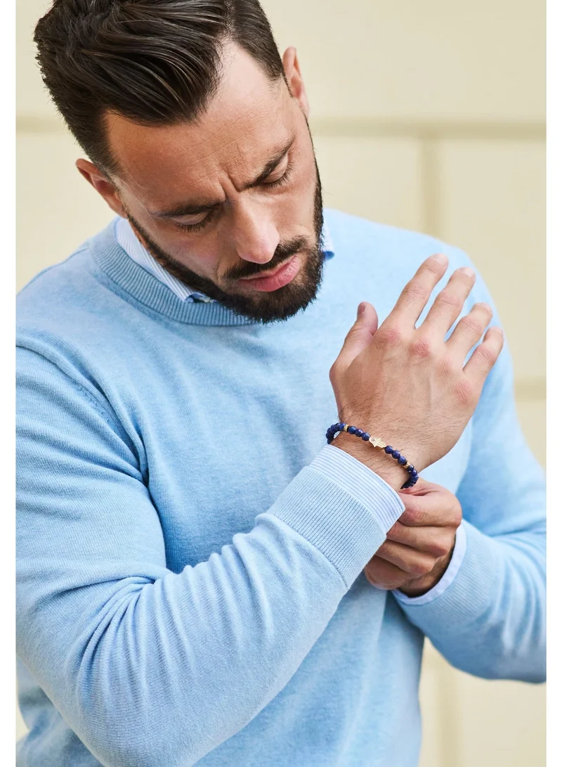 لونورا خرز اللازورد سوار خرز من الحجر الطبيعي مصنوع يدويًا – سوار للرجال، سوار رجالي، هدية للرجال، أساور للرجال – مع يد همسة ذهبية، قابل للتعديل بمقاس واحد للجميع