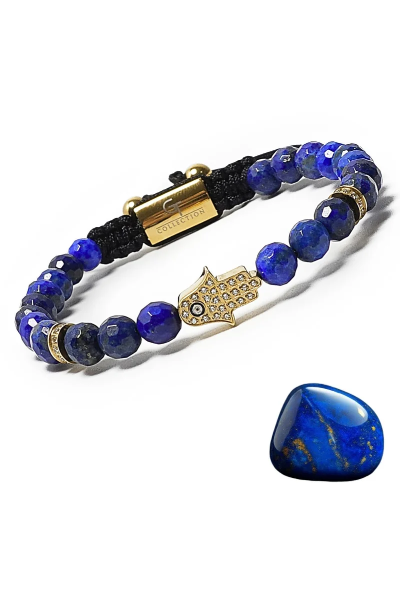 Lunnora blue Lapis Lazuli Beads Handmade Natural Stone Bead Bracelet – Bracelet for Men, Men’s Bracelet, Gifts for Men, Bracelets for Men – With Golden Hamsa Hand, Adjustable One Size Fits All for Men | Best Price UAE