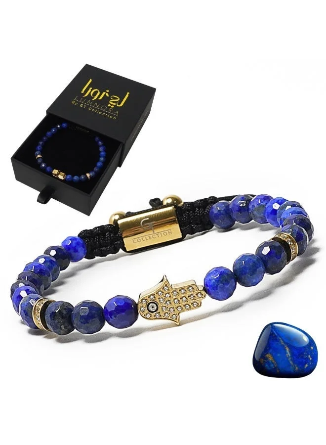 لونورا خرز اللازورد سوار خرز من الحجر الطبيعي مصنوع يدويًا – سوار للرجال، سوار رجالي، هدية للرجال، أساور للرجال – مع يد همسة ذهبية، قابل للتعديل بمقاس واحد للجميع
