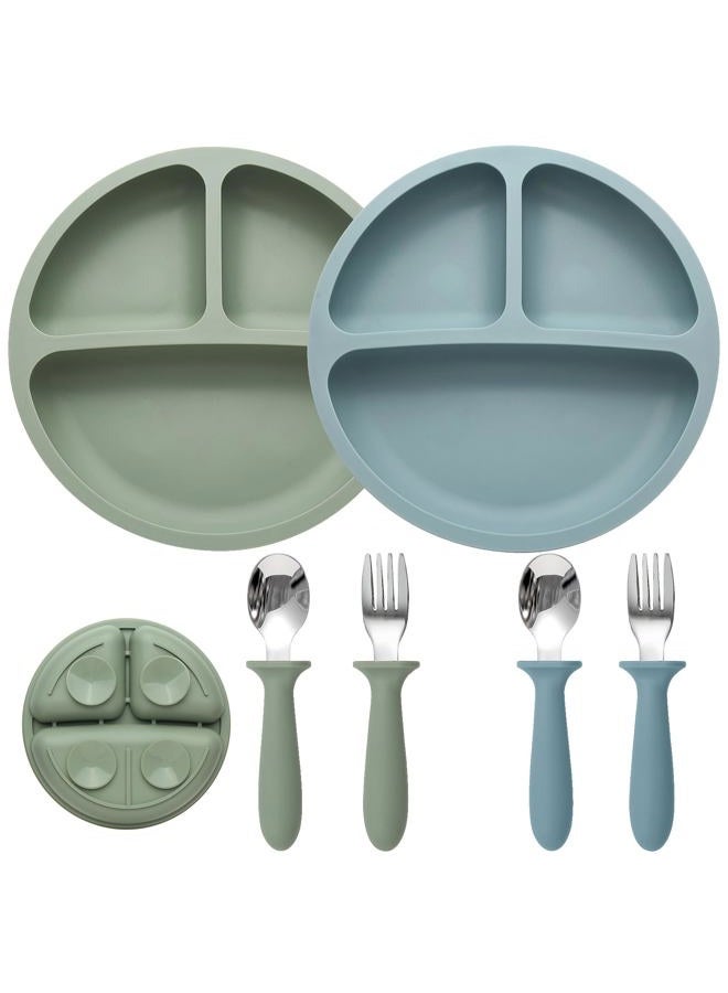 Eascrozn Baby Feeding Set, 2 Pack Silicone Divided Suction Plates for Baby, 2 Pack Spoons and Forks Set, BPA Free, Baby Led Weaning Supplies for Toddler Utensils - Image 1