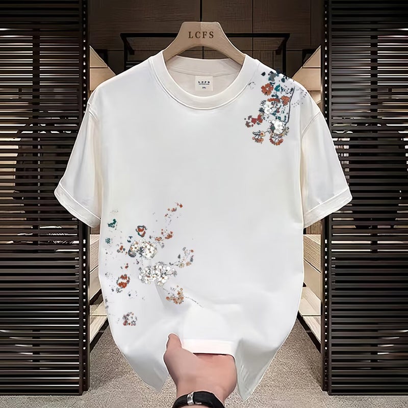Teenager Heavy Short-Sleeved T-Shirt National Style New Fashion Breathable Casual All-Match Round Neck Design Loose Short-Sleeved Daily - Image 1