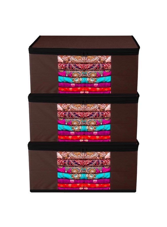 Kuber Industries Kuber Industries Saree Cover Bag|Zip Closure Saree Cover Bag|Clothes Storage Bag|Wardrobe Organiser for Suit|Transparent Window Saree Cover Bag|Plain-Black Border|9 inch|Pack of 3|Brown - Image 1