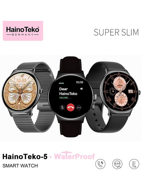 HainoTeko-5 Super Slim Smart Watch Round Shape AMOLED Display With Waterproof AI Voice Assistance and 3 Pair Straps For Ladies Black