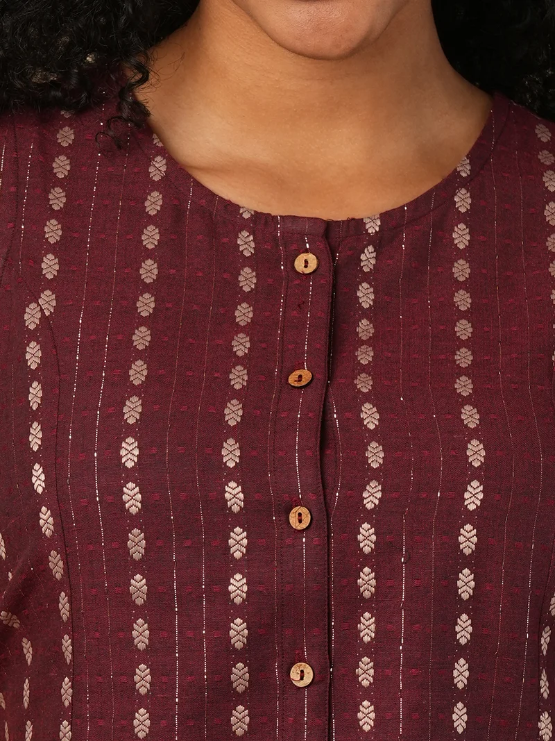 جلو باص Women Burgundy Floral Woven Design Crop Top With Straight Trousers