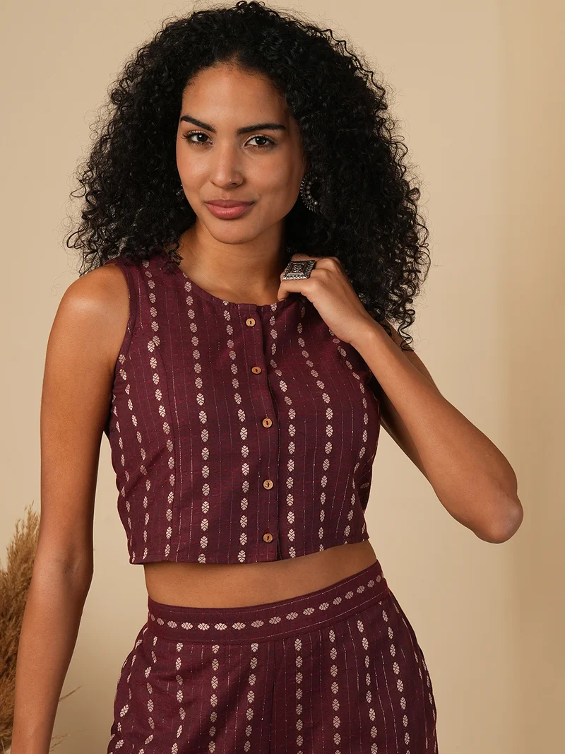 جلو باص Women Burgundy Floral Woven Design Crop Top With Straight Trousers