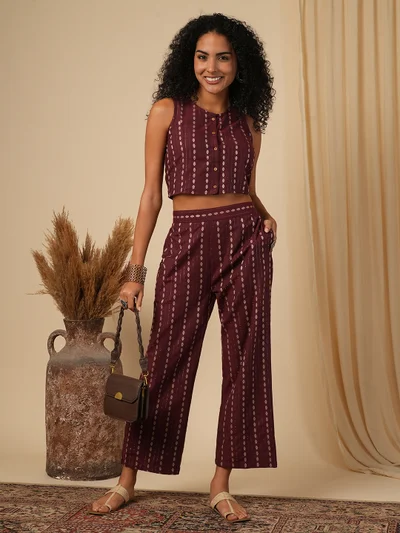 جلو باص Women Burgundy Floral Woven Design Crop Top With Straight Trousers