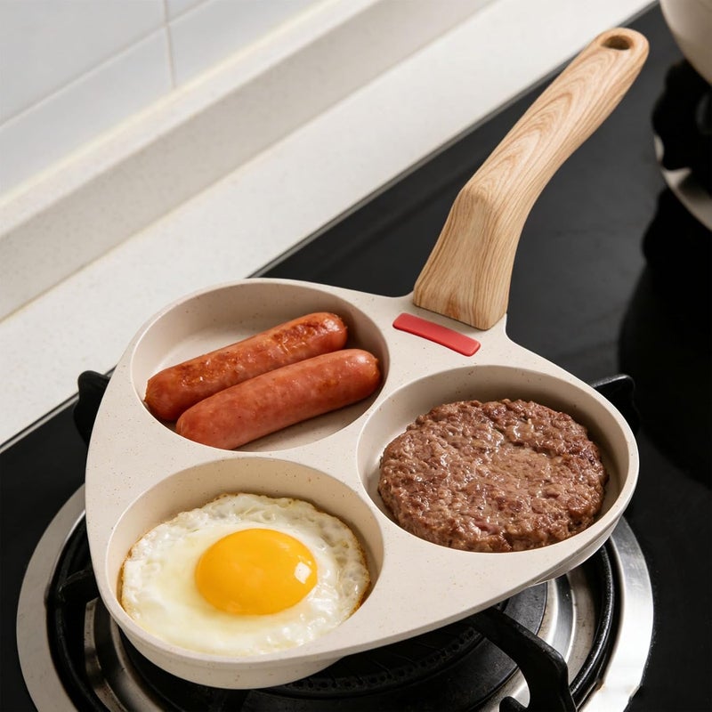 Luocute 3 Compartment Nonstick Egg Pans, Aluminum Alloy Breakfast Skillet with Heat Resistants Handle for Eggs Pancakes Burgers, Compatible with All Stovetops - Image 4