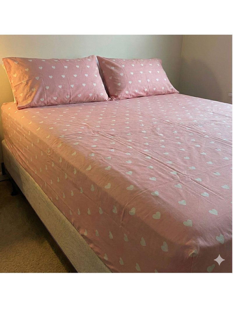 Yarlin-Bed Set (Fitted Bedsheet for 180 cm beds and 2 Small Pillowcases (Mini White Hearts 1) Design