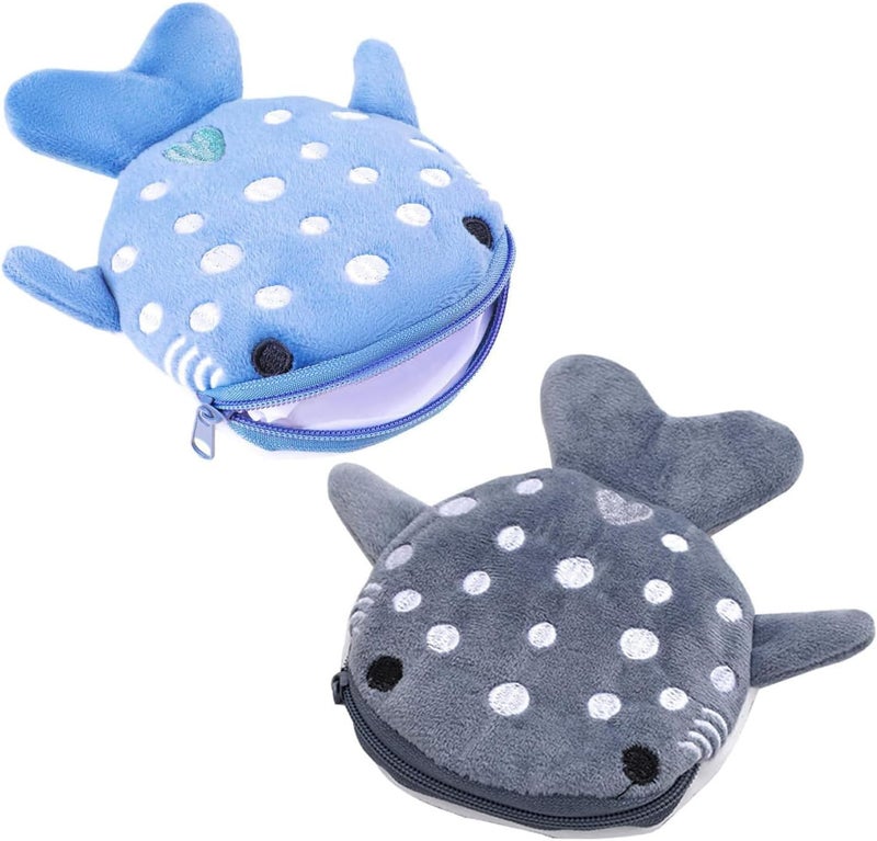 Tazweeq 2-Piece Shark Coin Purse Set - Adorable Plush Zipper Keychain Pouches in Gray and Blue - Image 1